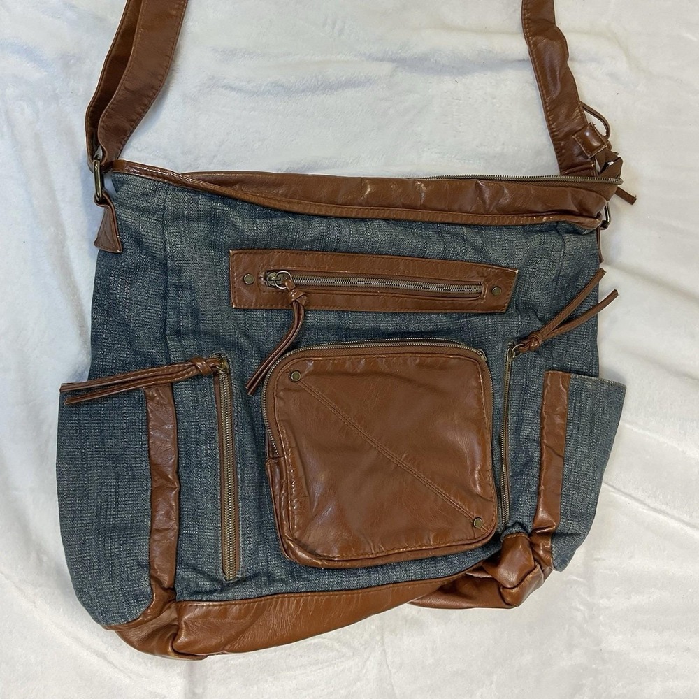 Vintage Denim Messenger Bag Brown Faux Leather Adjustable Strap Pockets 13 X 16